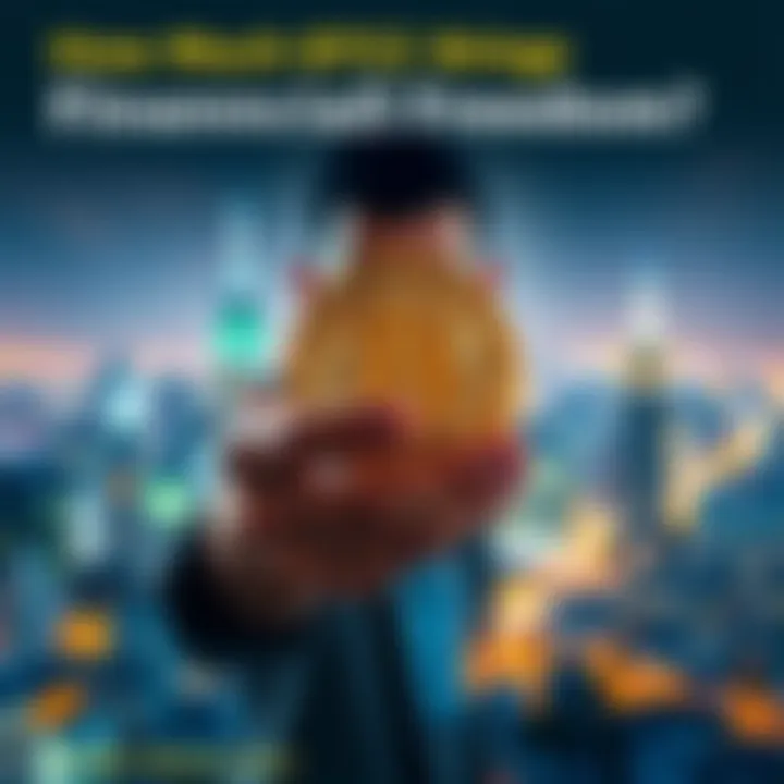 A person holding Bitcoin coins with a backdrop of a city skyline, symbolizing financial independence