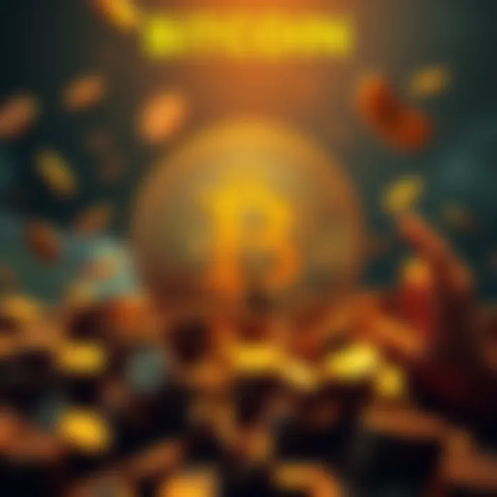 Bitcoin symbol with money and freedom elements A Bitcoin symbol surrounded by coins and imagery representing financial freedom, such as a person breaking chains, illustrating empowerment and independence in finance.