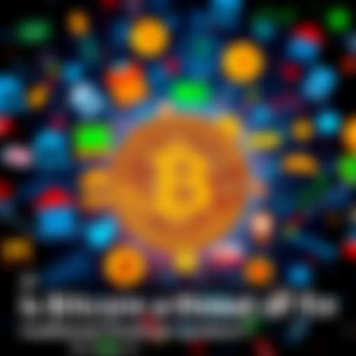 A Bitcoin symbol surrounded by icons representing banks and currencies, showing potential impact on traditional finance.