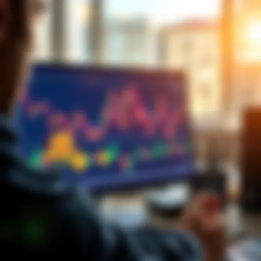 A person analyzing Bitcoin investment on a computer screen with financial graphs and Bitcoin icons in view.