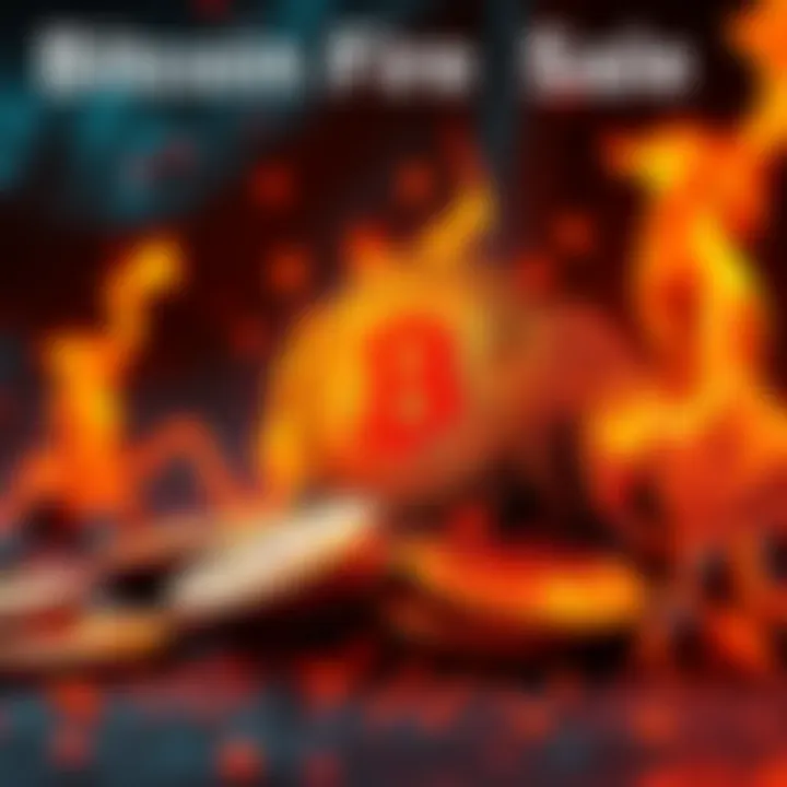 Bitcoin Fire Sale A visual representation of Bitcoin's price drop with a fire sale theme, showcasing Bitcoin coins and a downward trend graph.