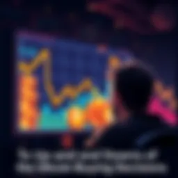 A graph showing rising and falling Bitcoin prices with a person looking at a computer screen, frustrated by the changes.