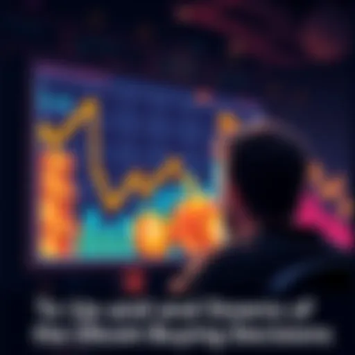 A graph showing rising and falling Bitcoin prices with a person looking at a computer screen, frustrated by the changes.