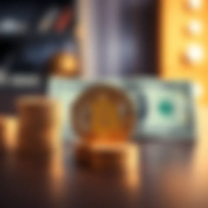 Stack of Bitcoin coins next to a twenty dollar bill on a table
