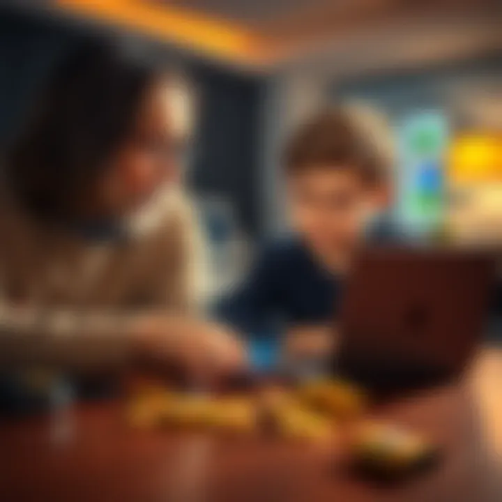 A parent teaching a child about Bitcoin and secure storage options with a laptop and a hardware wallet on the table.