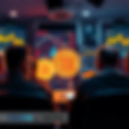 A group of people engaged in discussions about Bitcoin on online forums, with charts and graphs displayed on their screens.