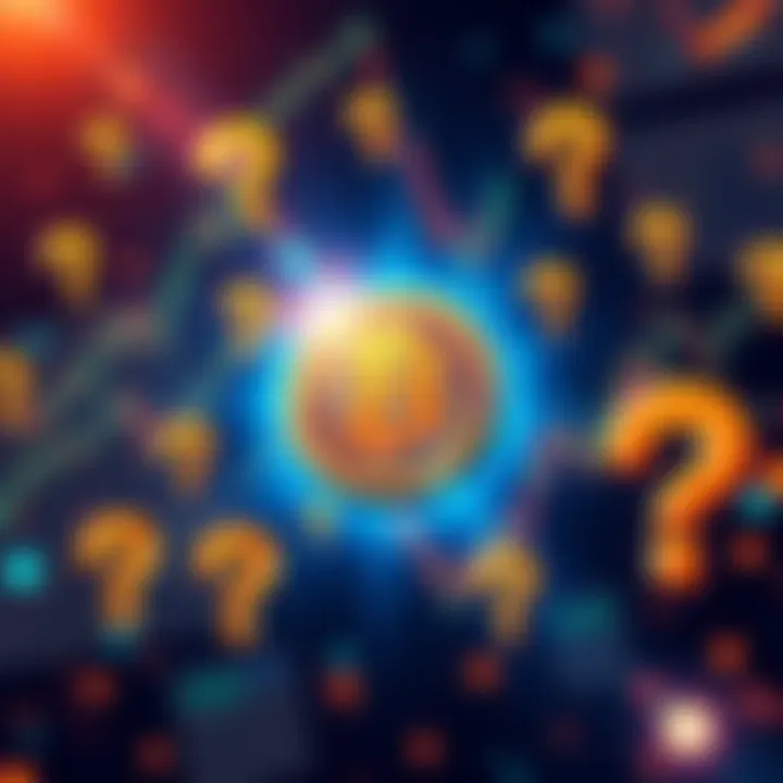 Illustration showing a bitcoin symbol surrounded by fluctuating financial charts and question marks, representing uncertainty in its evolution.