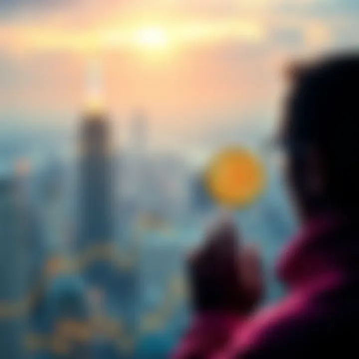 A person looking at a digital chart representing Bitcoin prices, with a futuristic city skyline in the background.