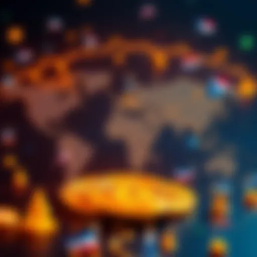 Illustration showing Bitcoin symbols with world map and icons representing wars and sanctions