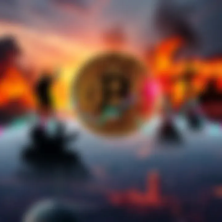 A visual representation of Bitcoin charts intersecting with images of global conflict, symbolizing the impact of geopolitical events on cryptocurrency values.