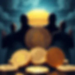 A visual representation of Bitcoin symbols with shadowy government figures looming over them, depicting the influence of authority on cryptocurrency ownership.