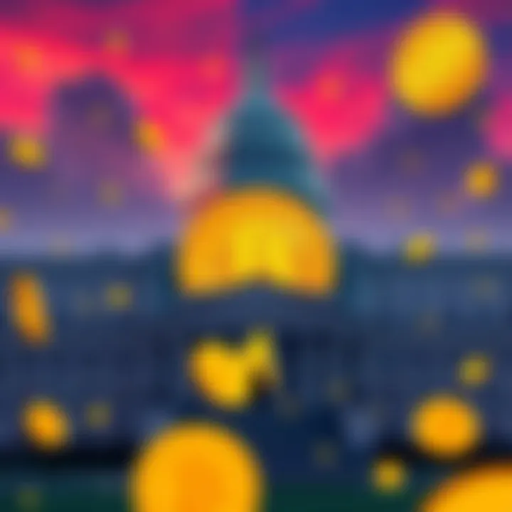 Illustration depicting the intersection of government and cryptocurrency, showcasing Bitcoin symbols alongside a government building, symbolizing economic opportunity and privacy concerns.