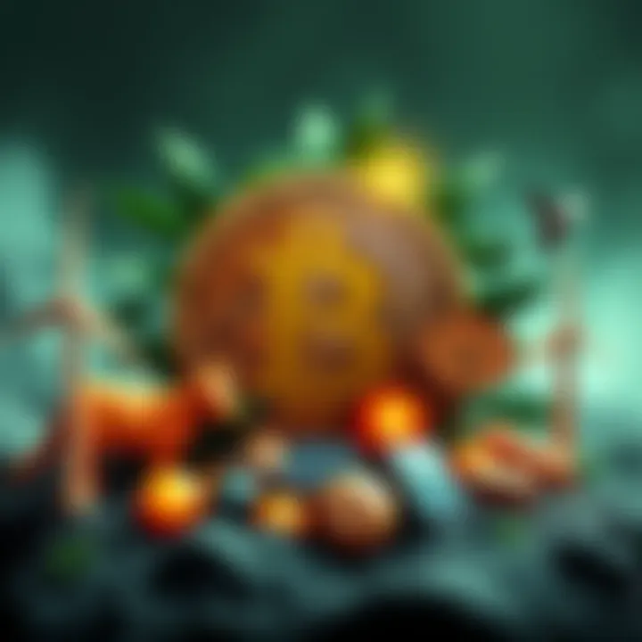 A Bitcoin logo surrounded by symbols of renewable energy like wind turbines and solar panels, representing the rise of sustainable energy in cryptocurrency.