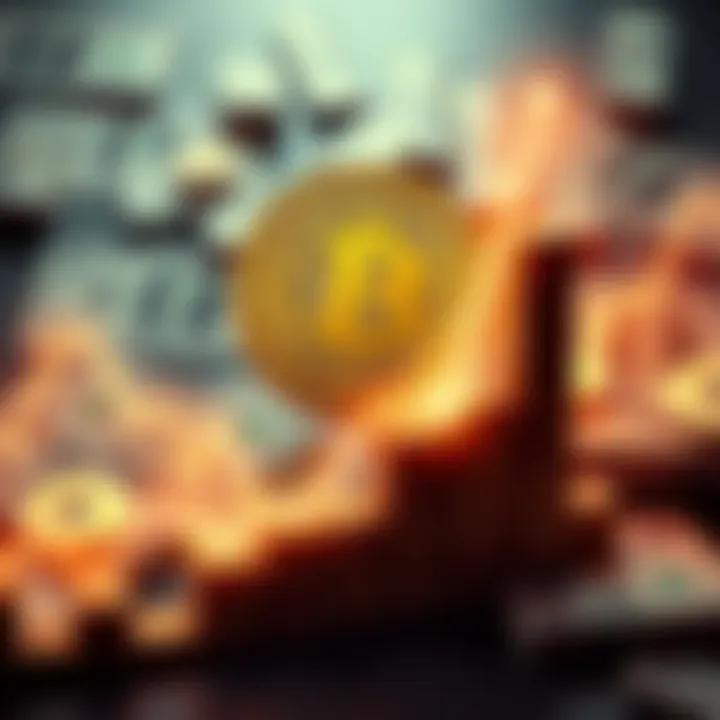 Illustration of Bitcoin rising with a graph showing upward trends and a background of dollar bills