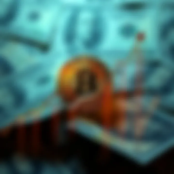 A visual representation showing a rising Bitcoin graph against a background of dollar bills, illustrating investment growth from $100.