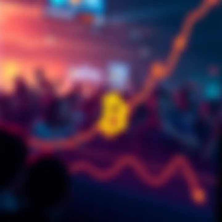 A graph showing Bitcoin's price rising dramatically toward $1 million, with arrows indicating upward trends and excited people in the background.