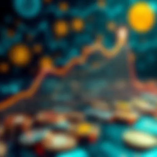 A graph showing the rise of Bitcoin's value from 13 dollars to its peak, with a background of digital currency symbols and Bitcoin logos, representing its evolution.