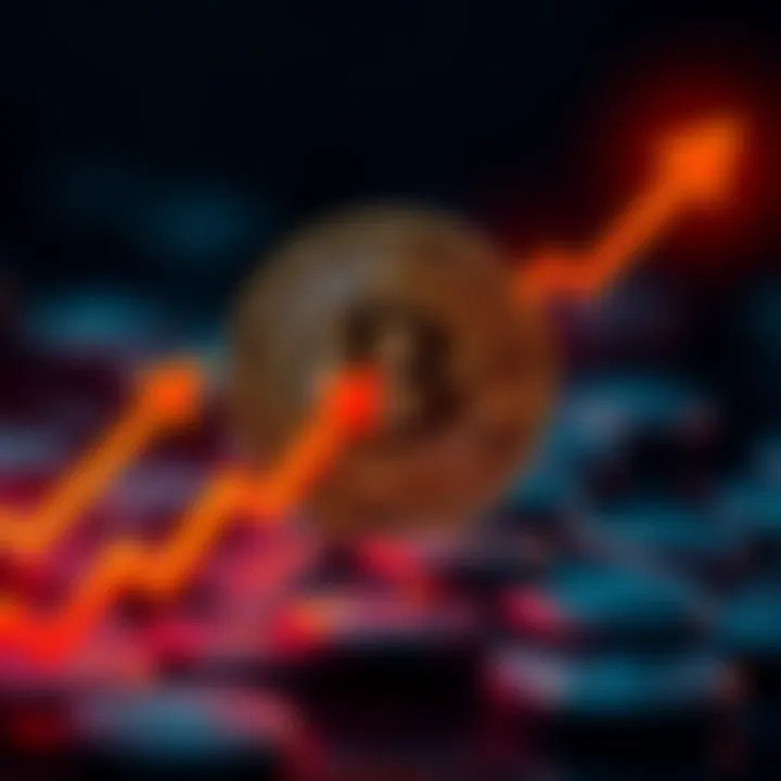A graphic showing a Bitcoin symbol with arrows indicating halving trends and market fluctuations, highlighting its impact on price.