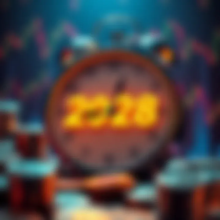 A clock counting down to the 2028 Bitcoin halving, symbolizing urgent investment opportunities and time management, with a backdrop of Bitcoin coins and financial charts.