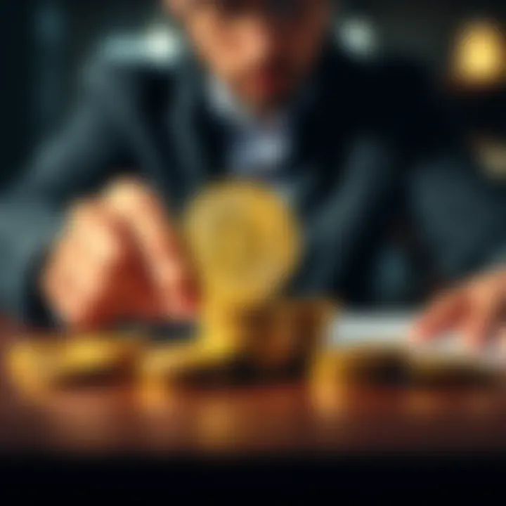 A person diligently stacking Bitcoin coins on a table, symbolizing dedication and effort in Bitcoin investment