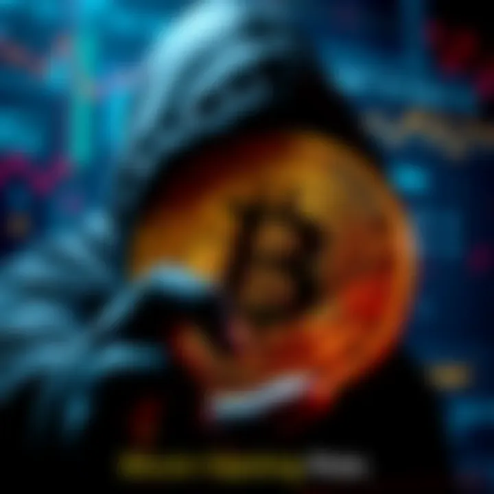 A graphic showing the dangers of Bitcoin hijacking, featuring a Bitcoin symbol under threat from a shadowy figure, with a digital background.