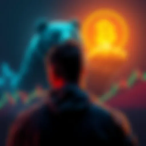 A person is contemplating whether to hold or sell Bitcoin during a bear market, with graphs showing price trends and a bear symbolizing the market conditions in the background.
