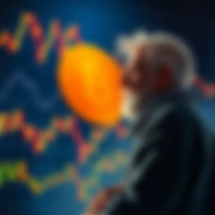 A veteran Bitcoin holder stands contemplatively, surrounded by graphs showing market fluctuations and a Bitcoin logo in the background