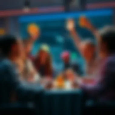 A group of early bitcoin holders in a digital currency-themed gathering, sharing their success stories and strategies amidst market fluctuations.