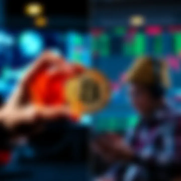 A split image showing a person holding a Bitcoin on one side and a person analyzing charts on the other side, representing buy-and-hold versus trading strategies.