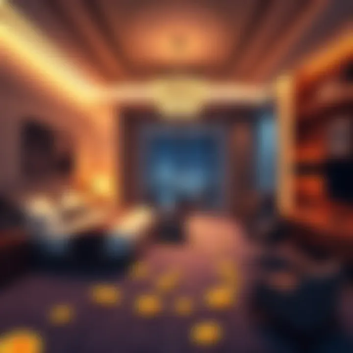 A conceptual image showing a luxurious hotel room with Bitcoin symbols scattered around, illustrating Michael Saylor's analogy of Bitcoin as a rental.