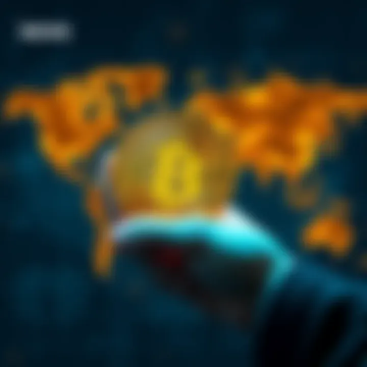 A person holding a Bitcoin symbol with a background of a world map, representing global interest in cryptocurrency.