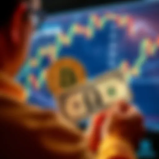 A person looking at Bitcoin charts while holding a dollar bill, symbolizing the contrast between rising inflation and cryptocurrency investment.