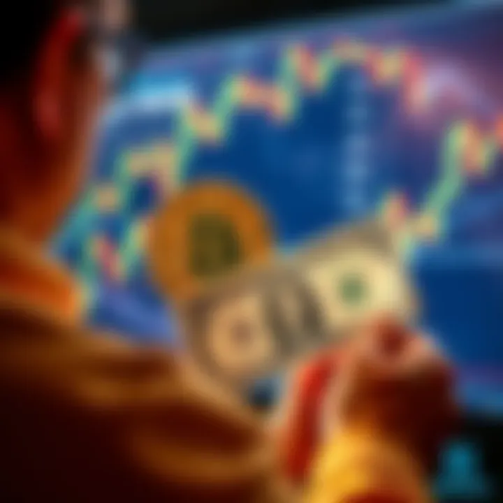 A person looking at Bitcoin charts while holding a dollar bill, symbolizing the contrast between rising inflation and cryptocurrency investment.