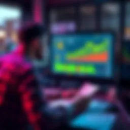 A person sitting at a desk, looking at a computer screen displaying Bitcoin charts and documents related to inheritance