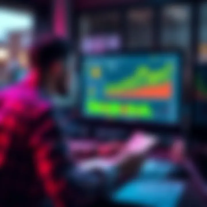 Person reviewing Bitcoin information A person sitting at a desk, looking at a computer screen displaying Bitcoin charts and documents related to inheritance