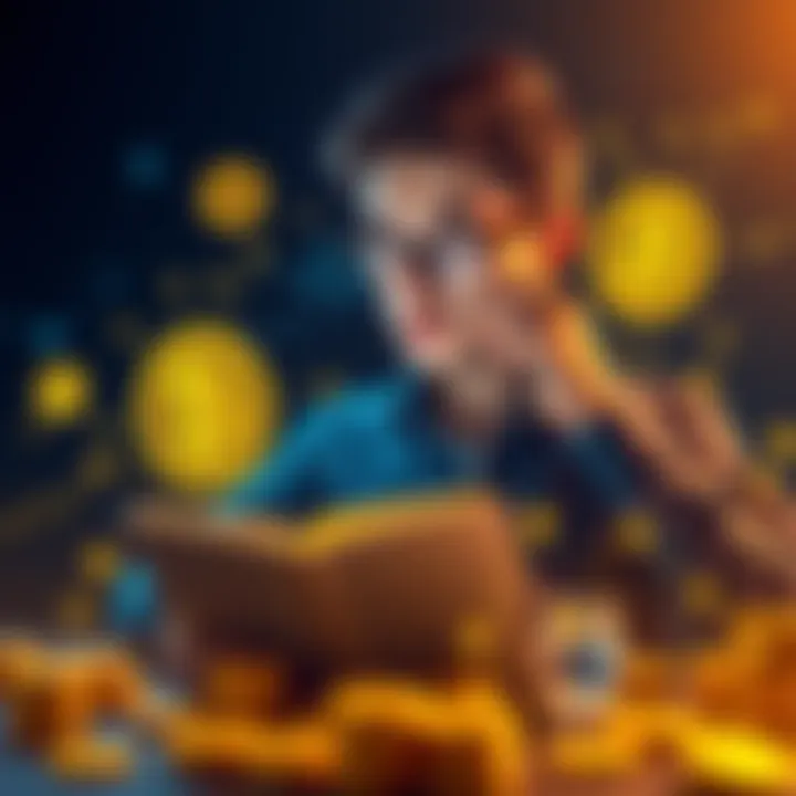 A thoughtful developer contemplating Bitcoin's future with a digital notebook and crypto symbols surrounding him.