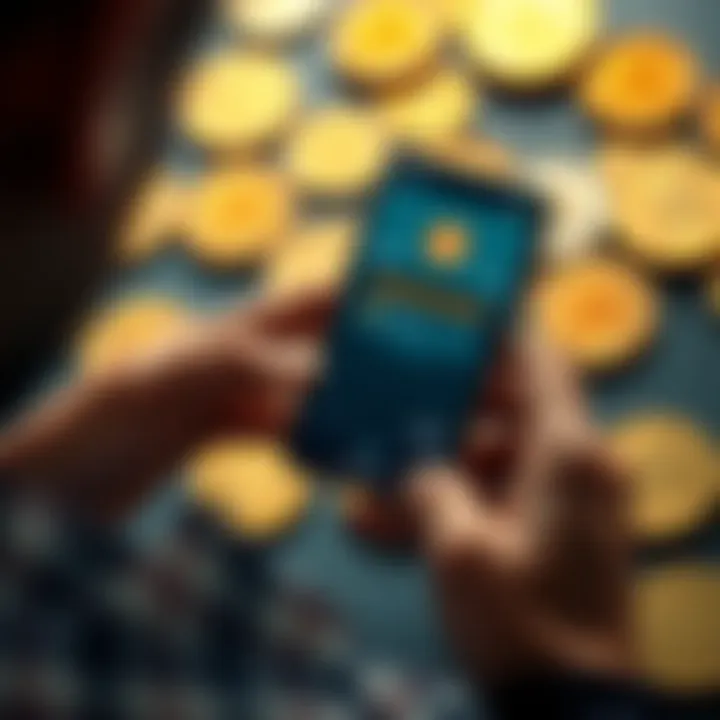 A person holding a smartphone displaying a Bitcoin wallet, with coins in the background.