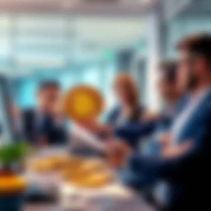 Bitcoin Institutional Adoption A group of business people discussing Bitcoin in a modern office setting, showing interest in cryptocurrency investments.