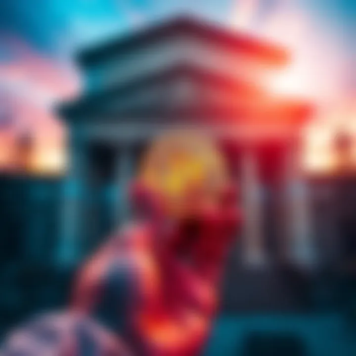 A person holding a Bitcoin in one hand and a bank building in the other, showing the contrast between personal ownership and institutional custody.