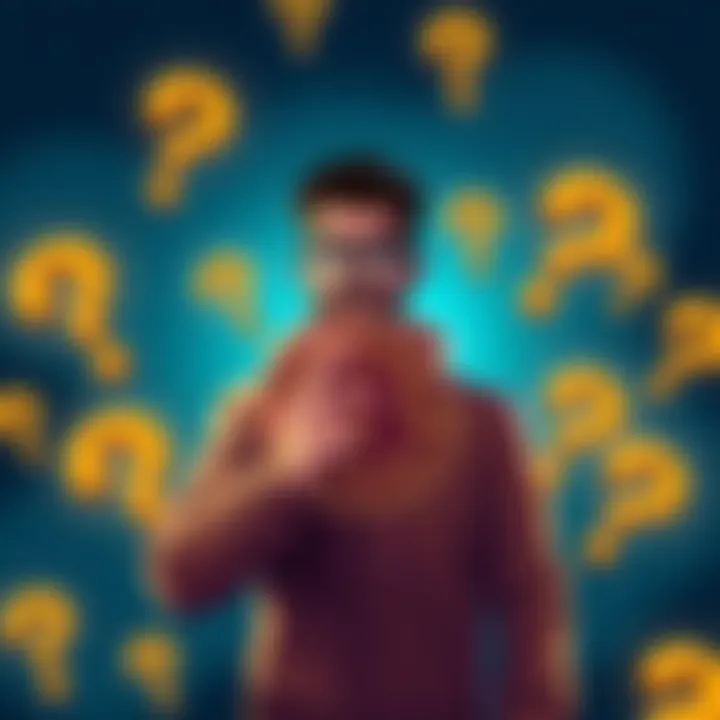 An illustration of a man holding a Bitcoin symbol, surrounded by question marks, symbolizing debate over the true inventor of Bitcoin.