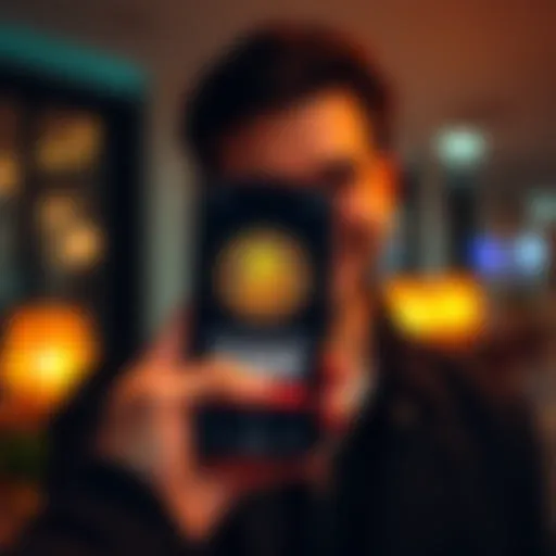 A person holding a smartphone displaying the Bitcoin logo with a smile, representing a new cryptocurrency investment journey.