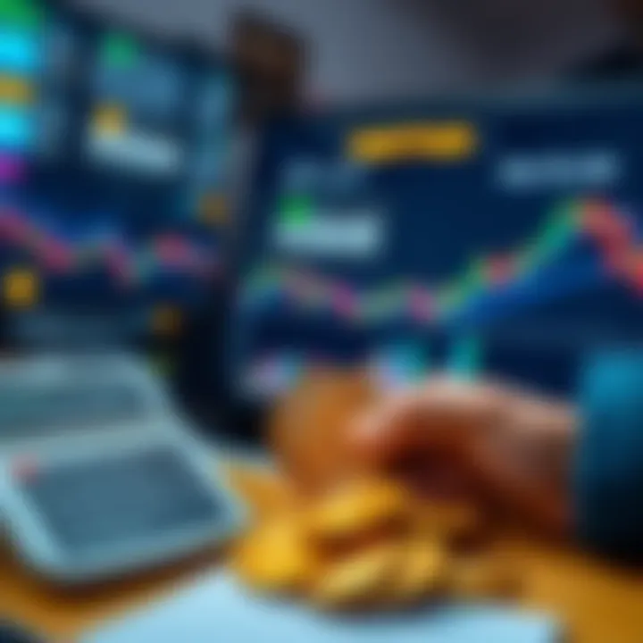 Bitcoin Investment A person looking at a chart showing Bitcoin prices with a calculator and a monthly investment plan nearby.