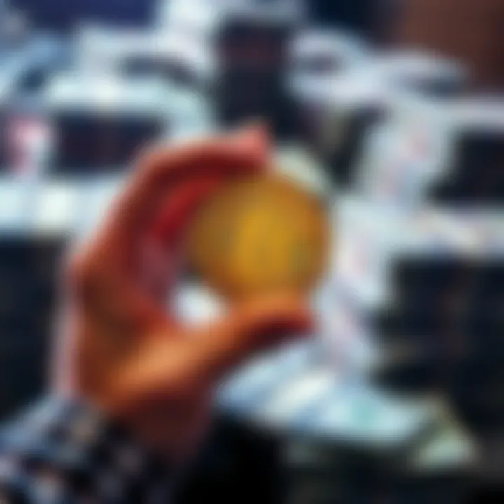 A person holding a Bitcoin coin with stacks of cash in the background, symbolizing wealth preservation through cryptocurrency.