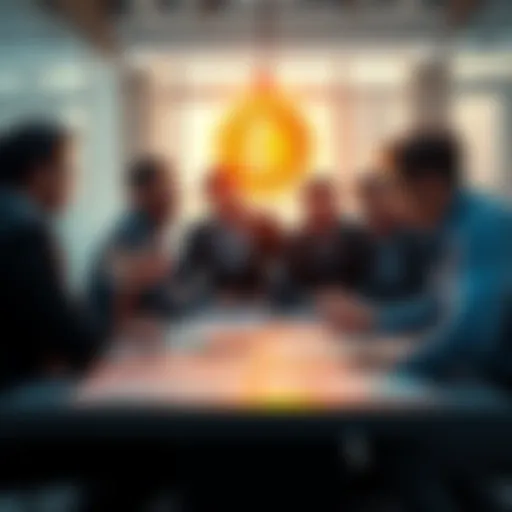 A group of investors discussing Bitcoin in a bright setting, showcasing charts and graphs on a table.