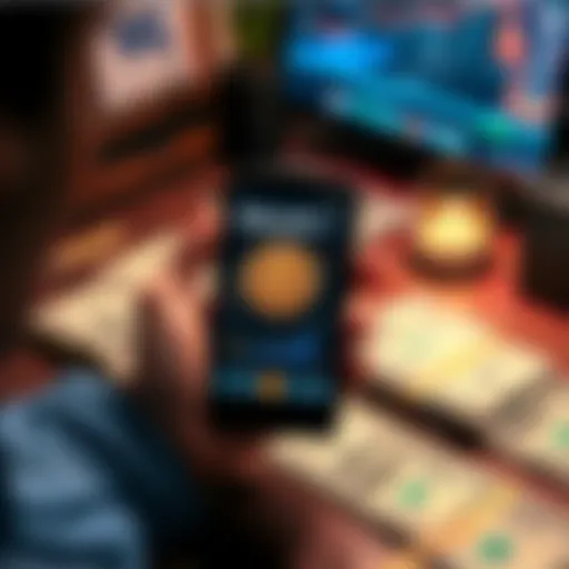 A person holding a smartphone showing a Bitcoin chart with dollar bills on a table