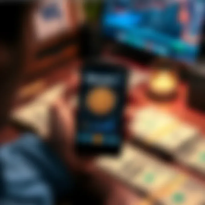 A person holding a smartphone showing a Bitcoin chart with dollar bills on a table