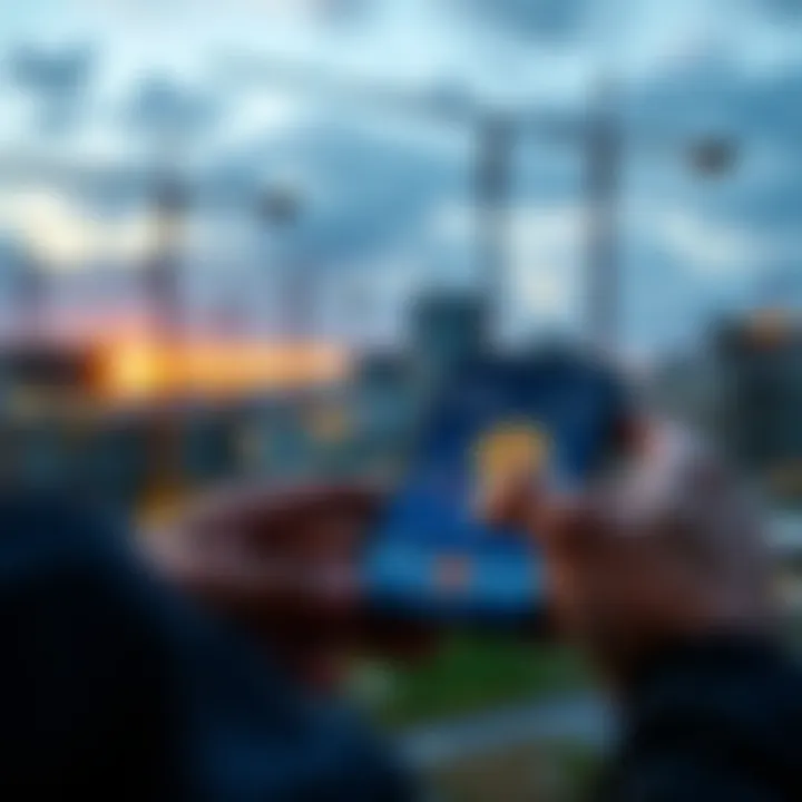 A person using a smartphone to check Bitcoin prices on a finance app, with a construction site in the background, symbolizing new investors in the industry.