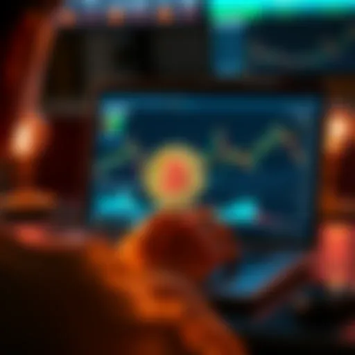 A person analyzing Bitcoin market trends on their laptop with financial charts and graphs displayed on the screen.