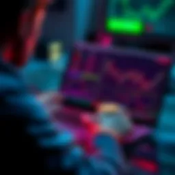 A person analyzing Bitcoin prices on a laptop with financial charts displayed, indicating market trends