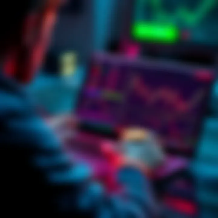 A person analyzing Bitcoin prices on a laptop with financial charts displayed, indicating market trends